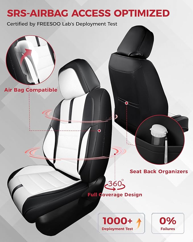 FREESOO Black White Car Seat Covers Full Set - Faux Nappa Leather Seat Covers for Cars, with Front Seatbelt Pads, Cute Breathable Cushion Protectors Fit for Most 5 Seats Sedans SUV Hatchbacks Trucks