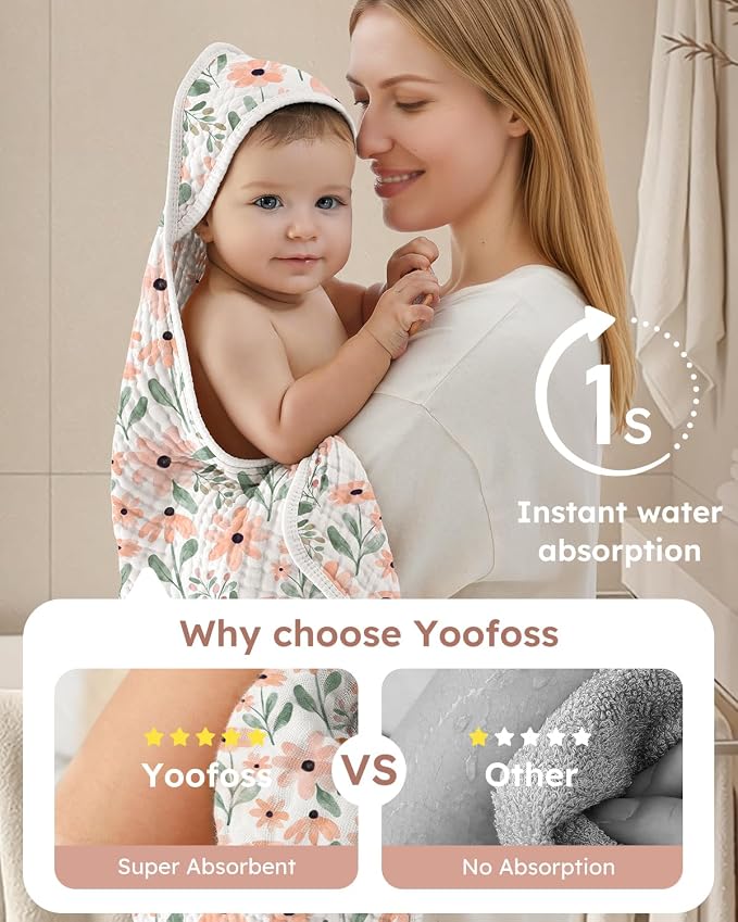 Yoofoss Hooded Baby Bath Towels 2 Pack 100% Muslin Organic Cotton - Image 3