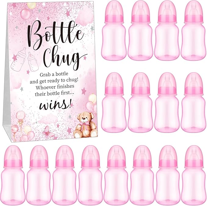TrelaCo Bottle Chug Baby Shower Game 20 Pcs Baby Bottles Shower Favor with 1 Bear Theme Sign for Gender Reveal Party Supplies Gifts(Transparent Pink)