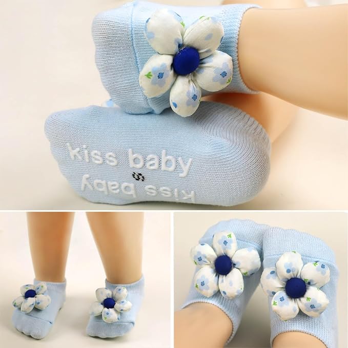 4Packs Baby Girls Socks, Flower Non-Slip Grips - Image 4