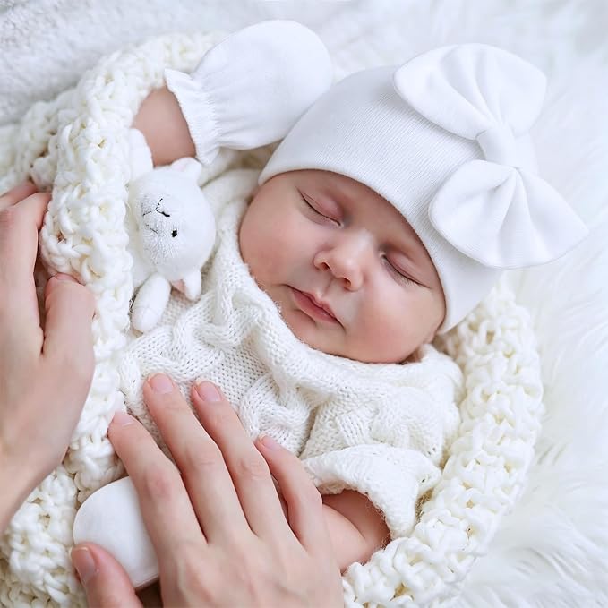 BQUBO Newborn Baby Girls Hats Mittens Set Hospital Hat Beanie Infant Bow Hats - Image 2