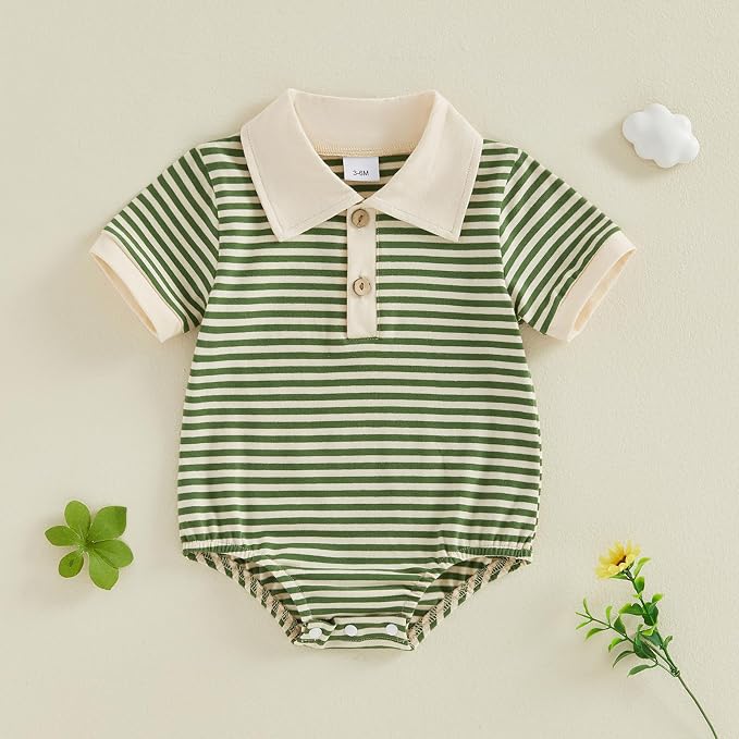 VISGOGO Baby Boy Striped Romper Waffle Short Sleeve Button Oversized Bodysuit - Image 4
