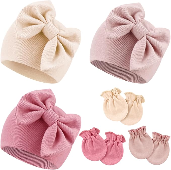 Newborn Baby Hats and Mittens Set Infant Bow Beanie Cap Toddler Gloves Newborn by AQOKKA