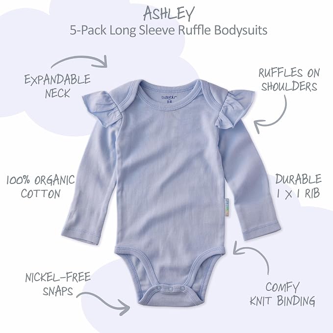 Butterblu Ashley 5-Pack Long Sleeve Ruffle Shoulder Bodysuits 100% Cotton | - Image 2