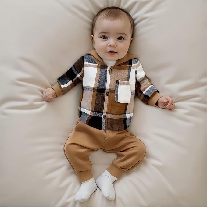 Douhoow Infant Baby Fall Clothes Boy Girl Plaid Hoodie Sweatshirt Romper - Image 4
