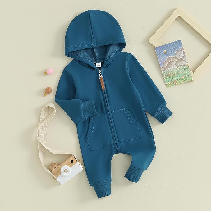 Infant Baby Boy Girl Clothes Solid Hoodie Romper Zip Up Long Sleeve Hooded - Image 2
