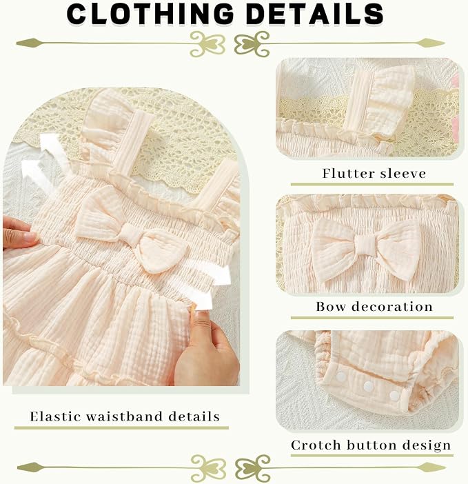 Baby Girl Smocked Romper Dress Ruffle Bow Summer Outfit - Image 4