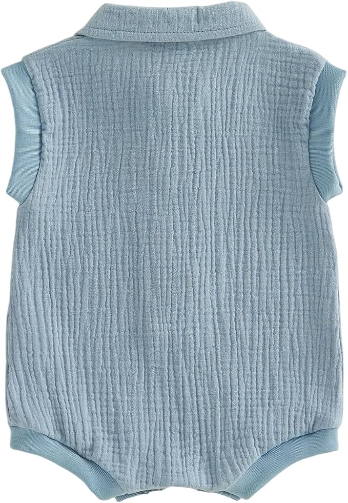 Honganda Newborn Baby Boy Cotton Linen Romper Short Sleeve Lapel Collar Button - Image 5