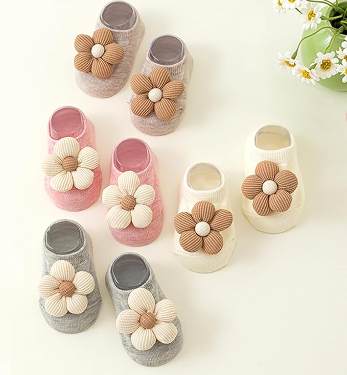 4Packs Baby Girls Socks, Flower Non-Slip Grips - Image 5