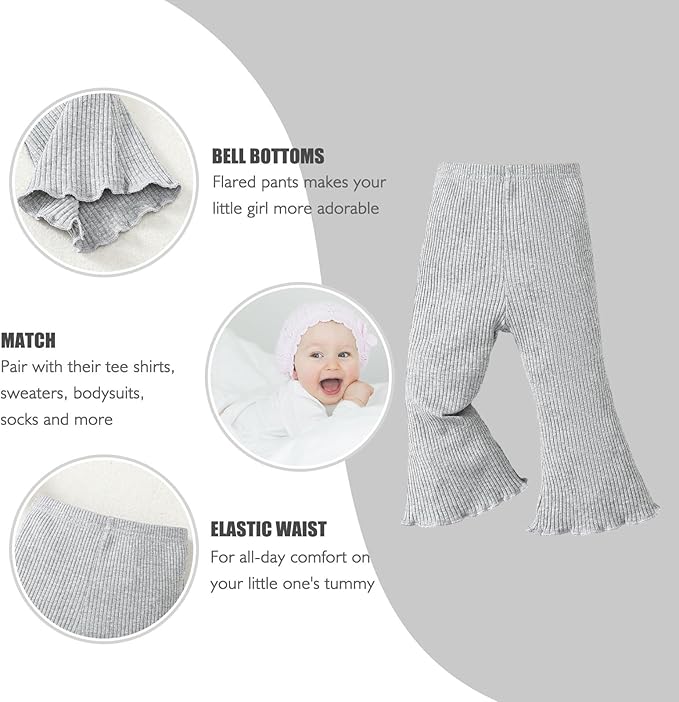 SOBOWO Baby Girl Flare Pants 3 Pack Toddler Solid Ribbed Ruffle Bell Bottoms Pants Trousers Fall Outfits