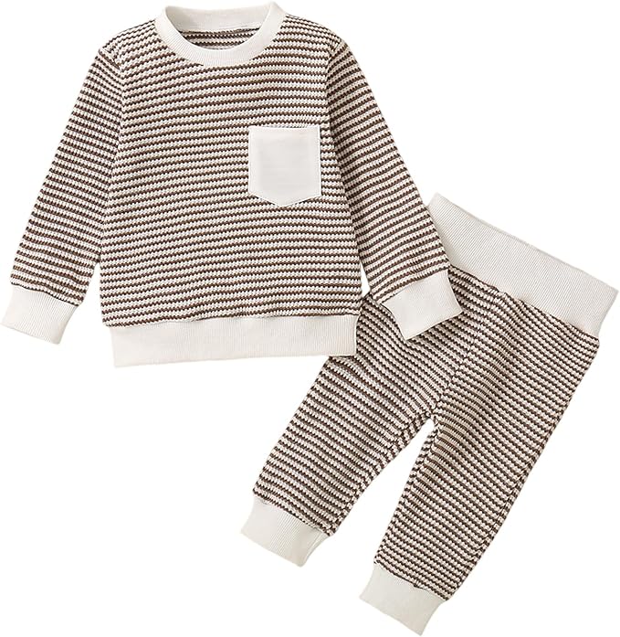 Toddler Baby Boy Fall Clothes Waffle Outfit Long Sleeve Color Blocking Sweatshirt Pullover Jogger Pant Set
