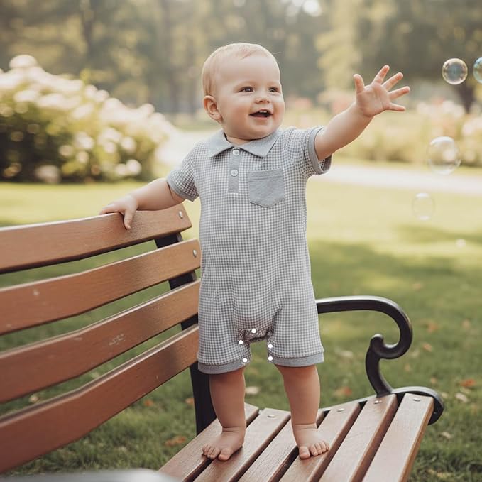 FOCUSNORM Newborn Baby Boy Summer Clothes Short Sleeve Lapel Jumpsuit Collar - Image 3