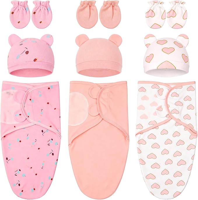 3 Pack Preemie Swaddle with Hat and Mittens Set, Adjustable Cotton Swaddle by Flasoo