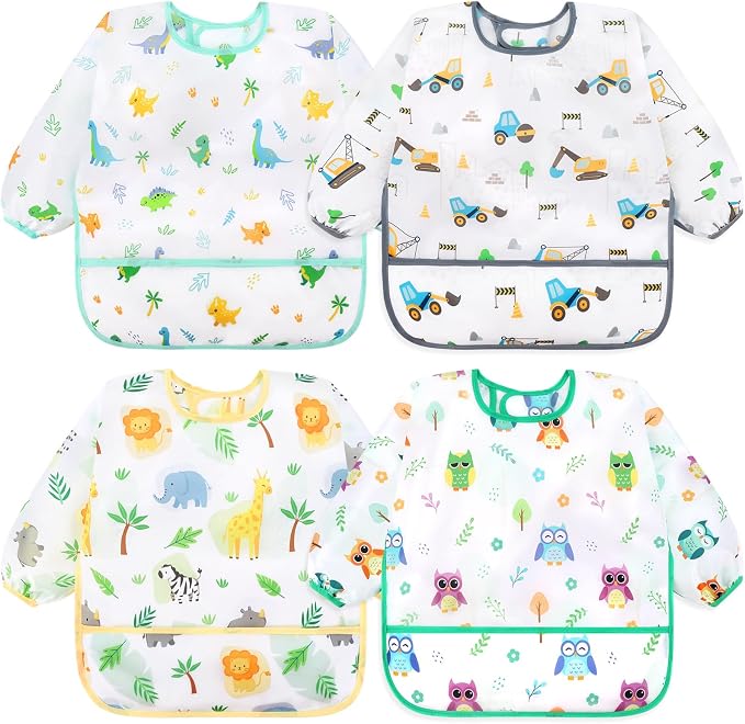Accmor 4 Pack Long Sleeve Bibs, Baby Smock Waterproof Full Sleeved Bib by Accmor