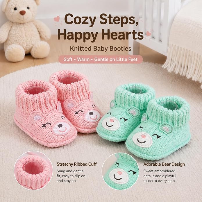 2 Pairs Baby Booties Newborn First Walkers Cozy Shoes Warm Knit Soft Booties - Image 5