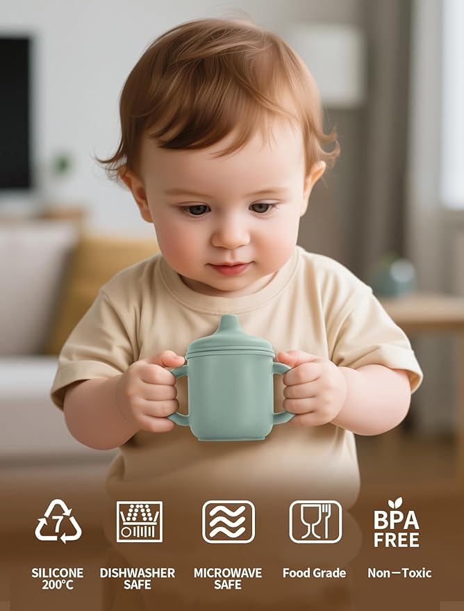 Silicone Toddler Cups Set, 2 Straw Cups and 2 Sippy Cups for 6+ Months Baby, Leakproof Spillproof Training Cups with Handles, Easy Clean (Green+Pink)