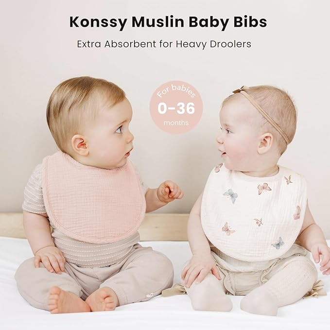 Konssy 8-Pack Muslin Baby Bibs, Adjustable Fit - Image 3