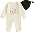 Newborn Infant Baby Boy Halloween Outfit Little Pumpkin Embroidery Romper Waffle Knit Long Sleeve Jumpsuit with Hat