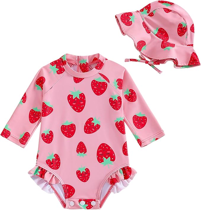 WOLBAY Baby Girl Swimsuit Long Sleeve One Piece Rash Guard with Sun Hat Zipper Bathing Suit Size 0-2T