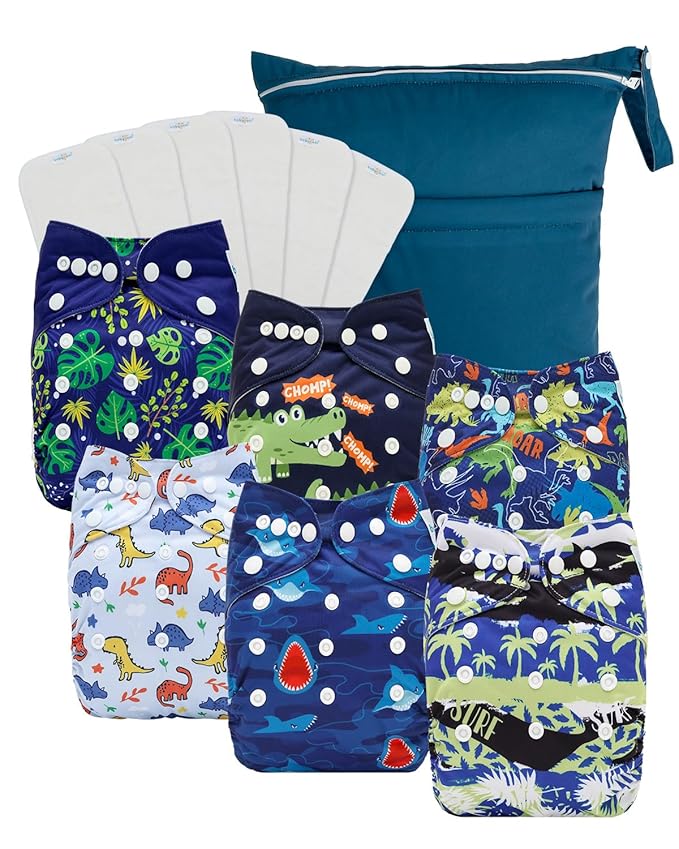 Babygoal Baby Cloth Diaper 6 Pack with 6pcs Inserts and Wet Bag for Fitted Diapers and Prefolds, Adjustable and Reusable Covers for Toddler Boys and Girls