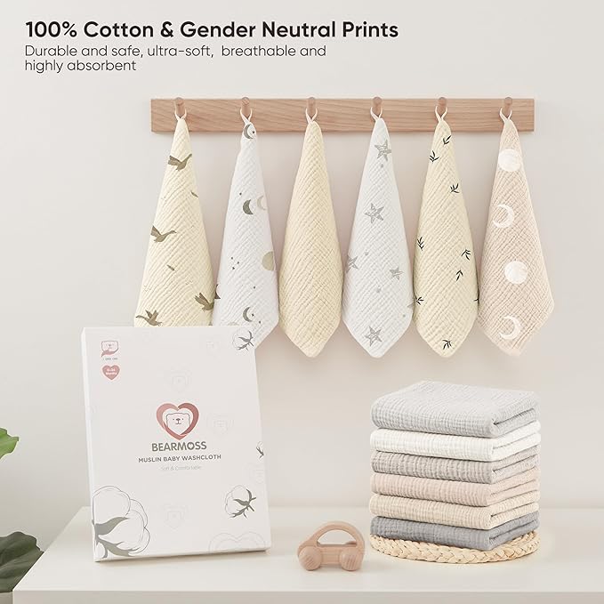 Bearmoss 12 Pack Baby Muslin Washcloths, 100% Cotton 10"x10" Face Towels - Image 7