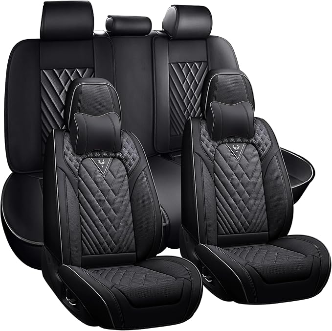 Car Seat Cover Full Set, Waterproof Leather Seat Cover,Front and Rear Auto Seat Cover, Car Seat Cushion, Full Coverage Car Seat Protector Universal Fit Most Cars (5 Seat-Headrest,Black)