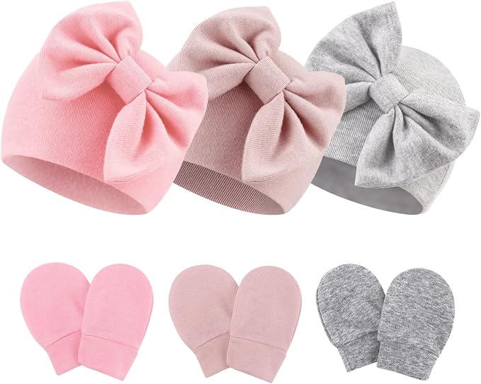Newborn Baby Hats and Mittens Set Infant Bow Beanie Cap Toddler Gloves Newborn by AQOKKA