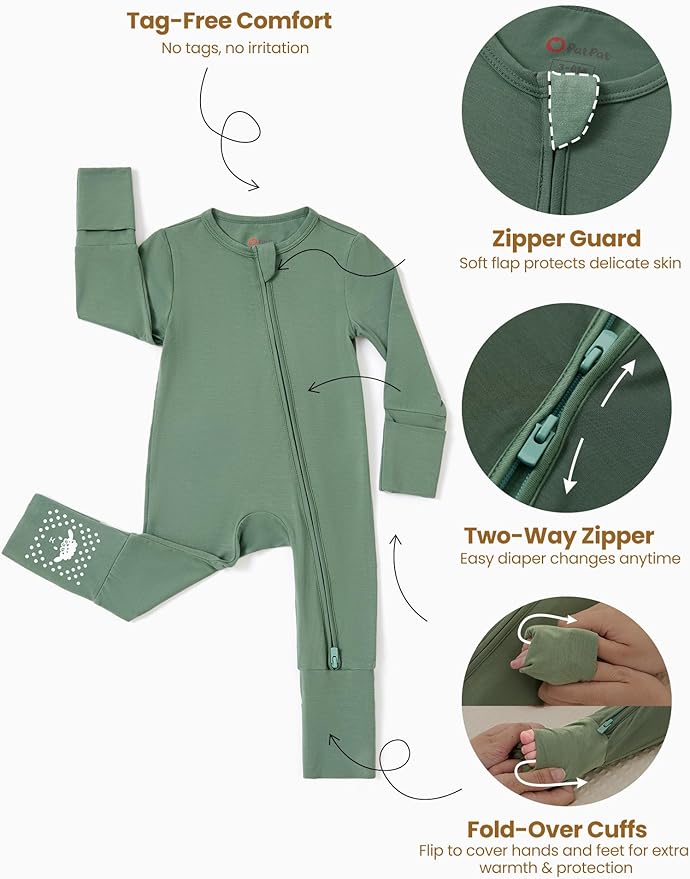 PATPAT Baby Footie Romper with Mittens for Boy and Girl, Anti-Slip & 2-Way Zipper, Long Sleeve, Viscose from Bamboo, Outfit