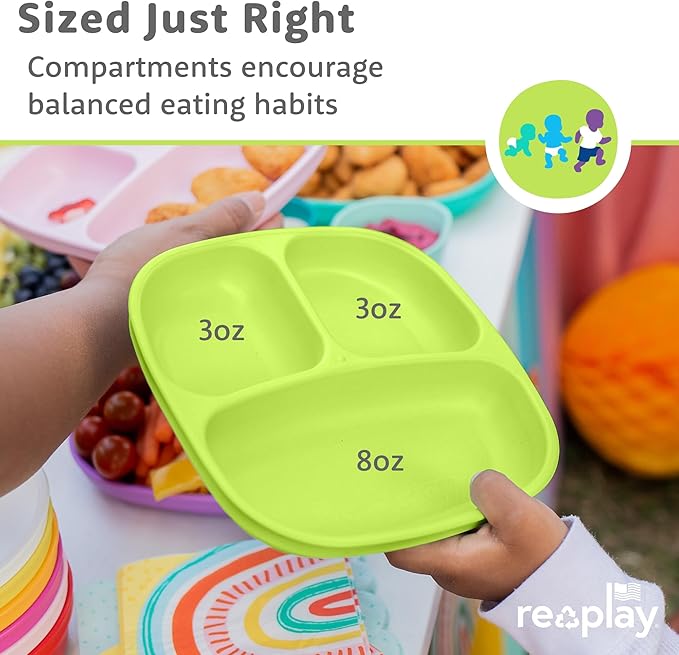 Re-Play Toddler Plates with Dividers - Deep-Walled 3 Compartments Divided Plates for Kids - Dishwasher & Microwave Safe - Made in USA - Set of 4-7.37" x 7.37" x 1.25" - Butterfly