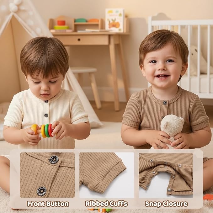 Bafeicao Baby Boy Girl 2/3 Pack Solid Romper Ribbed Short/Long Sleeve | - Image 3