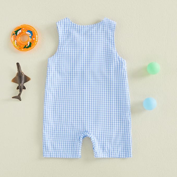 Newborn Baby Boys Sleeveless Seersucker Romper One Piece Straps Overalls - Image 3