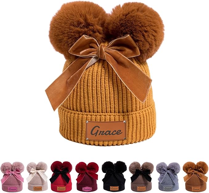 Personalized Toddler Beanie Hat with Bow - Custom Winter Pom Pom Beanies - Leater Patch Baby Warm Knit Hats