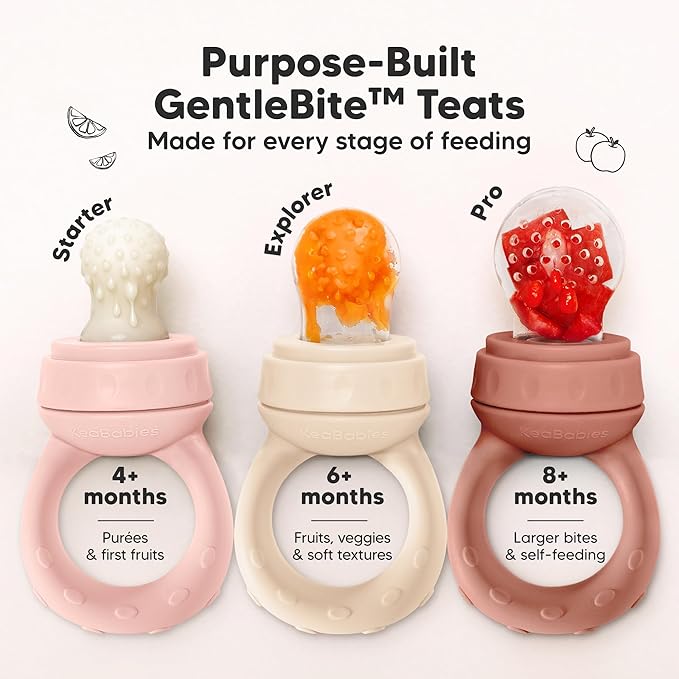 KeaBabies Baby Fruit Feeder 2pk - Silicone Baby Food Feeder for Babies 6-12 Months, Breast Milk Popsicle for Teething, Weaning, Freeze Frozen Solid Food, BPA-Free Infant Feeding Essential (Mist Rose)