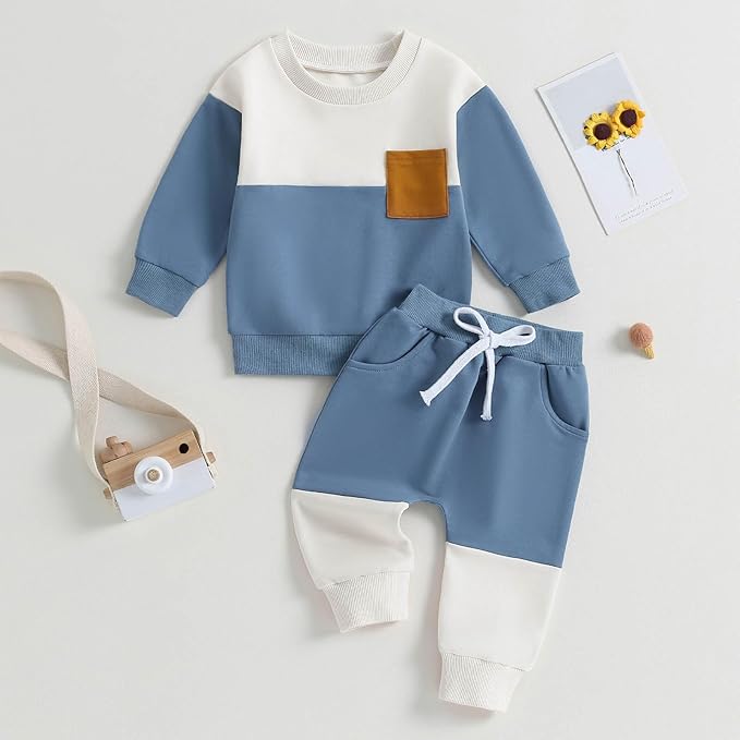 Toddler Baby Boy Fall Clothes Waffle Contrast Color Sweatshirt Pants Sets Infant Winter Outfits 6 12 18 24 Months