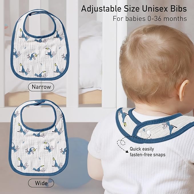 GLLQUEN BABY Muslin Drool Bibs for Boys Girls 8 Pack, Adjustable Baby Bibs for Drooling and Teething, Soft Cotton Baby Bandana Bib for Newborn Feeding Essentials (Toucan)