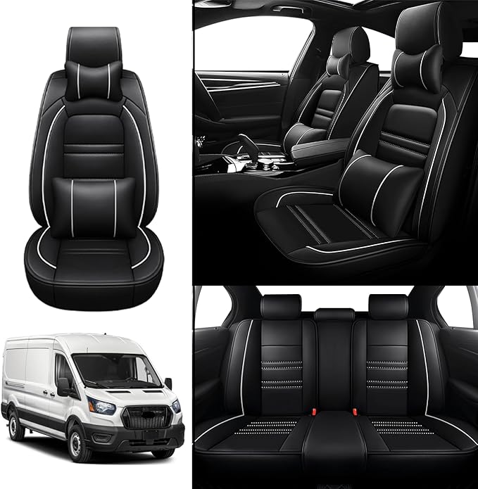 Car Seat Covers for Ford Transit 2014-2024 | 5-Seats Seat Covers, Waterproof Seat Protectors, Automotive Seat Covers (Full Set with Pillow,Black&White Line)