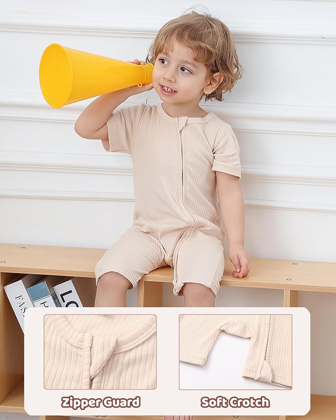 Bafeicao Baby Boy Girl 3 Pack Short Sleeve Rompers | 2 Way Zipper, Ribbed Cotton - Image 4