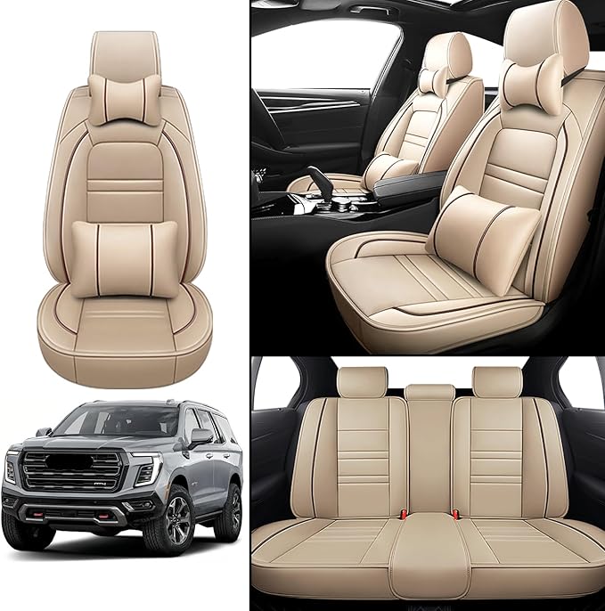 Car Seat Covers for gmc Yukon 2000-2025 | 5-Seats Seat Covers, Waterproof Seat Protectors, Automotive Seat Covers (Full Set with Pillow,Beige)