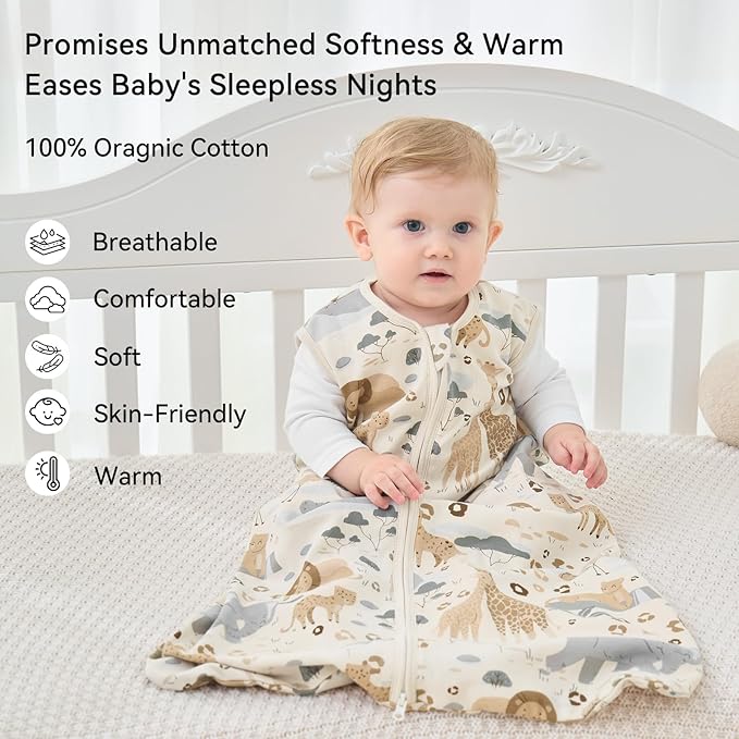 Baby Sleep Sack 6-12 Months 1.0 Tog Baby Wearable Blanket 100% Cotton Sleeping Sack with 2-Way Zipper for Infant Newborn Apricot & Gray Elephant