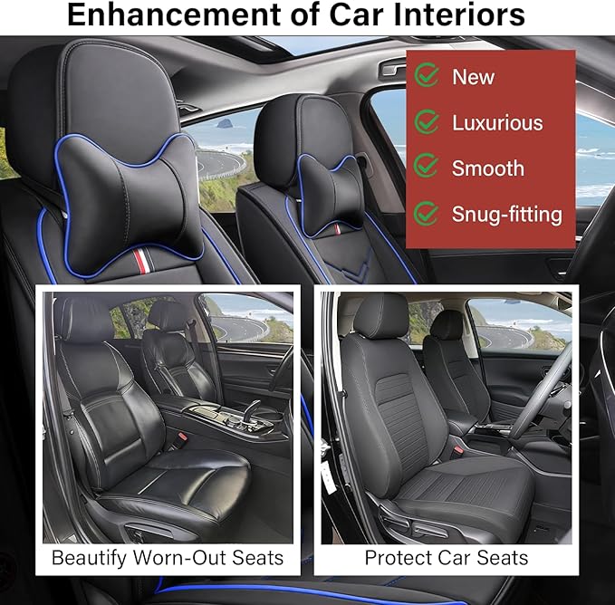 Leather Car Seat Covers Fit for LR Range Rover 2022-2025, 5 Seater Waterproof and Wear-Resistant Seat Cover Interior Accessories(Full Set with Pillow,Black&Blue)