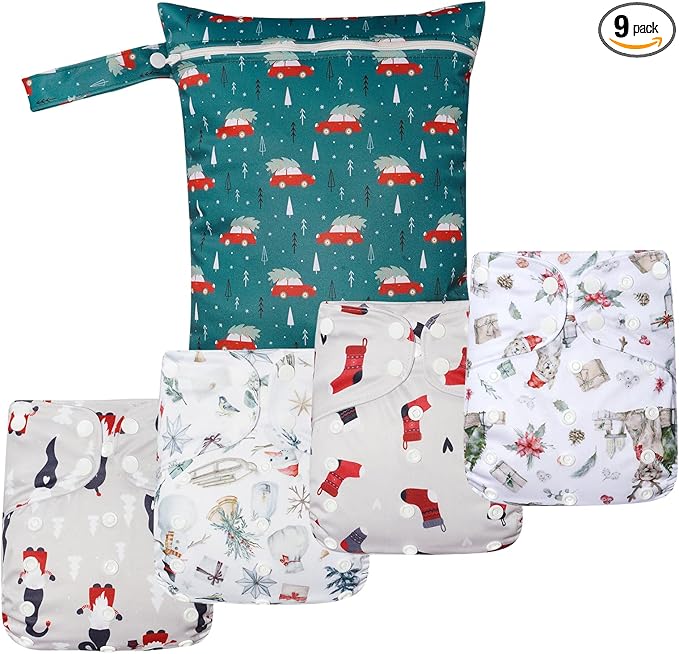 HappyFlute 9 Sets Newborn Baby Cloth Pocket Diapers Adjustable Reusable for Baby Boys and Girls(6-33 pounds,0-3 Years),One Wet Bag+4Diapers and 4Inserts