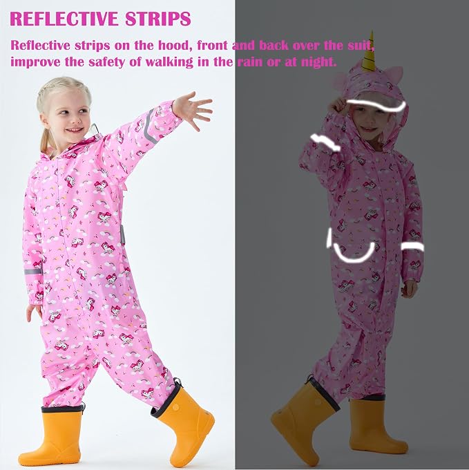 Fewlby Kids Toddler Rain Suit for Boys Girls One Piece Hoodie Zipper Cartoon - Image 6