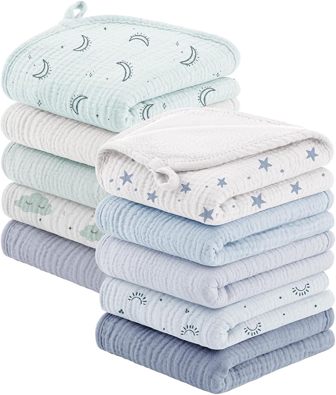 Bearmoss 10 Pack Muslin Burp Cloths, Newborn Essentials Large Extra Washcloths by Bearmoss