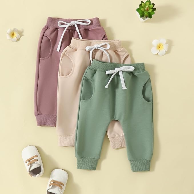 Sejardin Toddler Baby Boy Girl Pants 3 Pack Solid Color Elastic Waist Jogger Sweatpants Newborn Infant Casual Bottoms