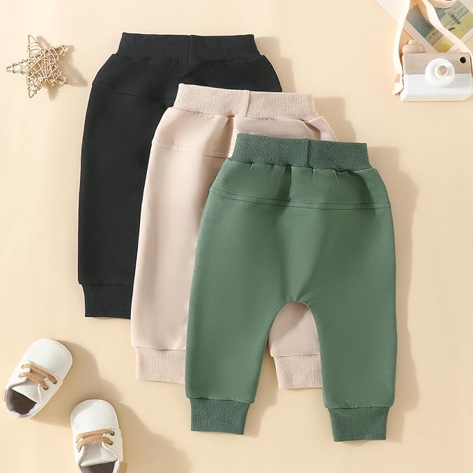 Sejardin Toddler Baby Boy Girl Pants 3 Pack Solid Color Elastic Waist Jogger Sweatpants Newborn Infant Casual Bottoms