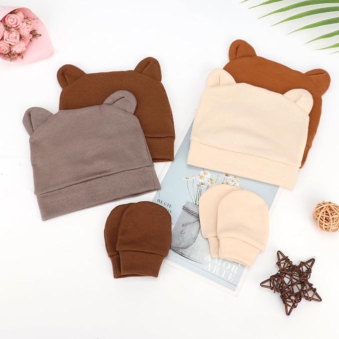 BQUBO Newborn Baby Bear Ears Hats and Mittens Sets Preemie Cotton Caps Baby Boy - Image 6