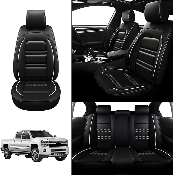 Seat Covers for Chevy Silverado 2007-2025 | 5-Seats Leather Seat Covers, Easy to Install Automotive Seat Covers Full Set (Full Set, Black&White Line)