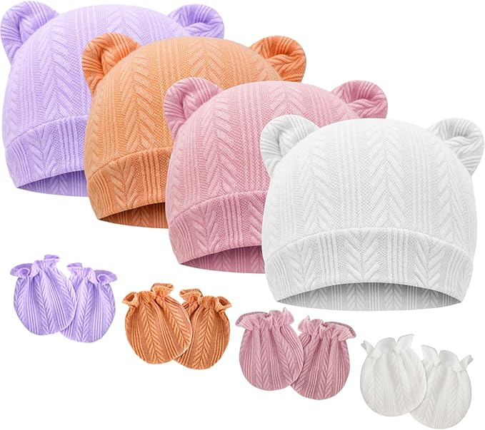 BQUBO Newborn Baby Hats Bear Ears and Mittens Sets Preemie Caps Baby Boy Girl by DRESHOW
