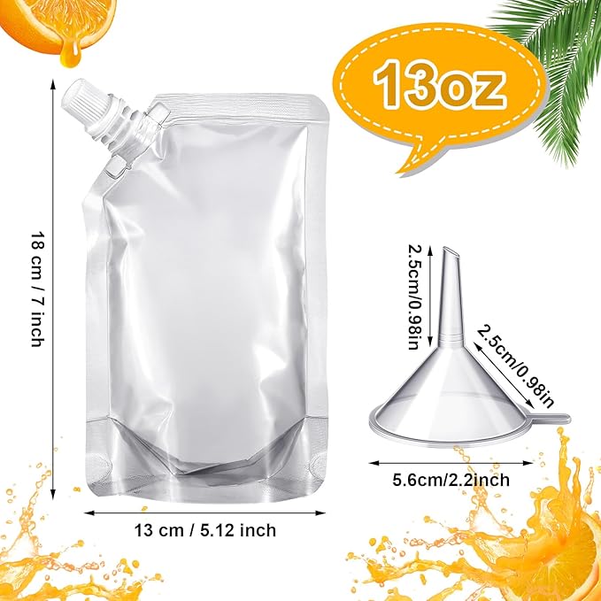 Meanplan 100 Pcs Plastic Pouches Bulk Reusable Squeeze Pouches Clear Plastic Juice Leak Proof Bags with Funnel for Party Favors Supplies(13 oz,Inclined Mouth)