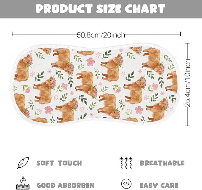 6 Pack Baby Burp Cloths for Boys Girls, Soft Cotton, Highland Cow Floral Theme - Image 7